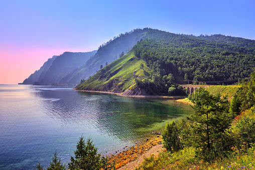 Baikal landscape with an old railway bridge. Circum-Baikal Railway. Eastern Siberia. Russia