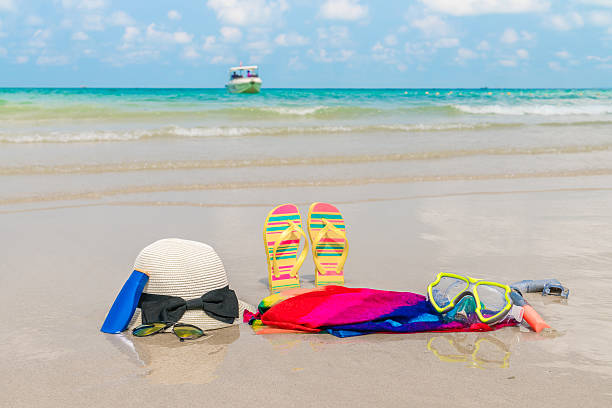 istock Sunglasses, sun cream and a sun hat on a beach 623514490