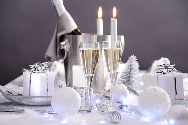 white silver new year eve christmas luxury restaurant table champagne