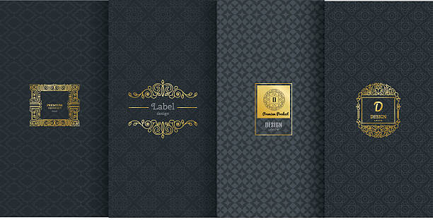 Collection of design elements,labels,icon,frames, for packaging Collection of design elements,labels,icon,frames, for packaging,design of luxury products.Made with golden foil.Isolated on black background. vector illustration luxury patterns stock illustrations