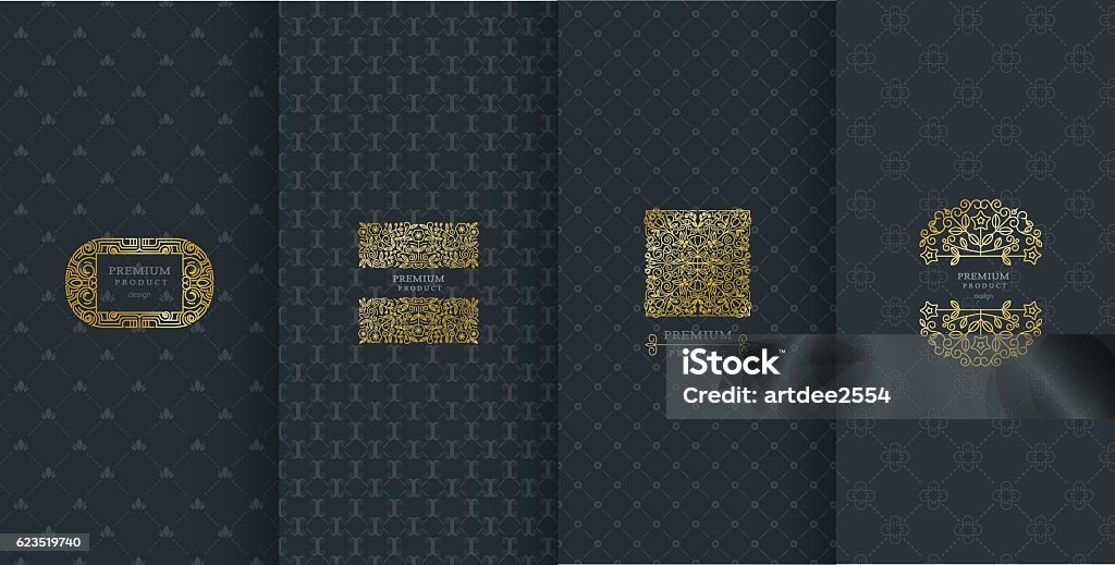 Collection of design elements,labels,icon,frames, for packaging, Collection of design elements,labels,icon,frames, for packaging,design of luxury products.Made with golden foil.Isolated on black background. vector illustration Pattern stock vector