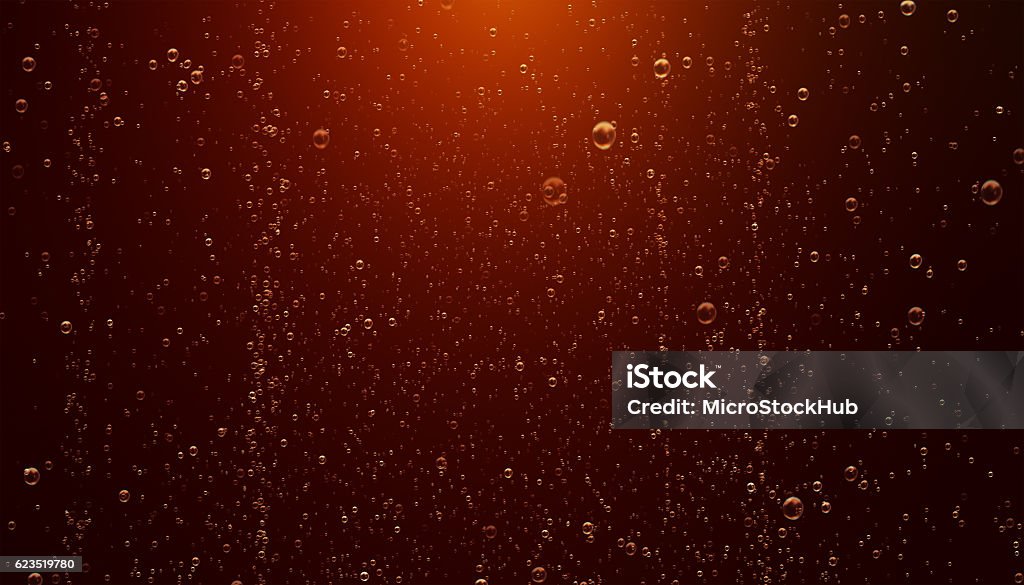 Sparkling Cola Bubbles High quality 3D render of sparkling cola bubbles. Cola bubles are moving on a dark amber background. Horizontal composition with copy space. Luxury concept. Great use as a background for beverages and soft drinks related concepts. Cola Stock Photo