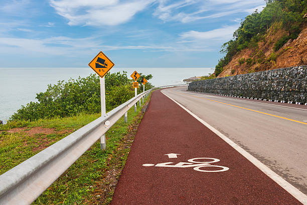 istock The red lane for bicycle on the road between seaside 623519798