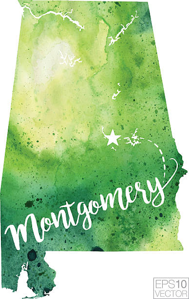 Montgomery, Alabama, USA Vector Watercolor Map A highly detailed vector map of Montgomery, Alabama with a multicoloured green hand painted watercolour texture. Map is isolated on a white background. "Montgomery" stylized text is added overtop with a star to indicate the location of the capital city. alabama state map with cities stock illustrations