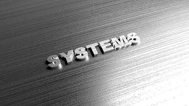 Metal word 'Systems' on steel background. Lettering for logotypes, articles and books, over business purposes. 3D Rendering.