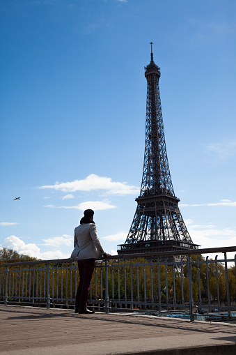 young african american male looks at sunny Eiffel Tower