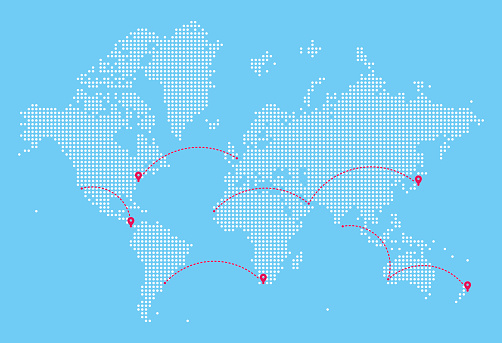 A detailed world map illustration made up of dots with flight path lines curving between destinations. The map highlights popular airports and flight paths across the world and is an ideal design element for your project. It's easy to colour and customise if required and can be scaled to any size without loss of quality.