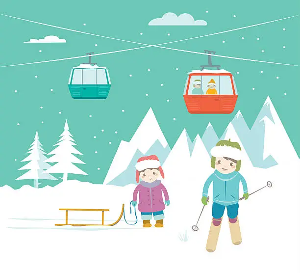 Vector illustration of snowy winter landscape  with two kids in flat style