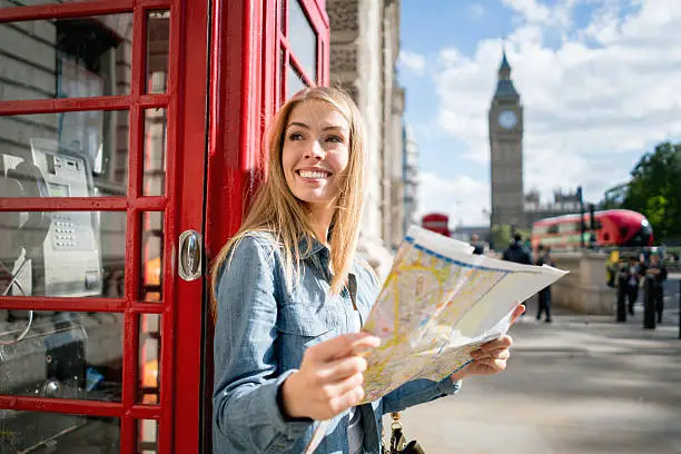 Happy woman sightseeing in London holding a map while leaning on a telephone booth with the Big Ben at the background