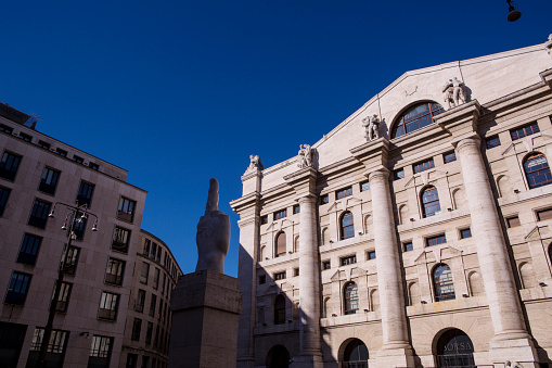 The Italian Stock Exchange in Milan, Italy on blue sky piazza affari