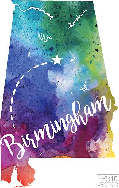 Birmingham, Alabama Vector Watercolor Map A highly detailed vector map of the US State of Alabama featuring the city of Birmingham with a multicoloured hand painted watercolour texture. Map is isolated on a white background. "Birmingham" stylized text is added overtop with a star to indicate the location of the city. alabama state map with cities stock illustrations
