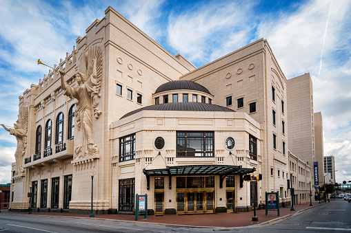 Fort Worth, USA - November 2, 2016: The facade of the landmark Nancy Lee and Perry R. Bass Performance Hall, located at 55 Commerce Street, near Sundance Square, in downtown Fort Worth, Texas.