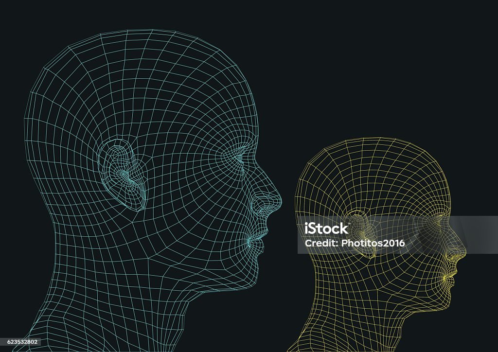 futuristic human heads Two wireframe human heads. new technologies concept. futuristic vector illustration Three Dimensional stock vector