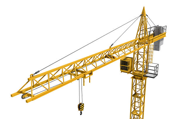 rendering of yellow construction crane isolated on white background. - pulley hook crane construction imagens e fotografias de stock