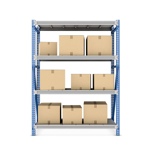 istock Rendering of metal rack with beige cardboard boxes different size 623533164