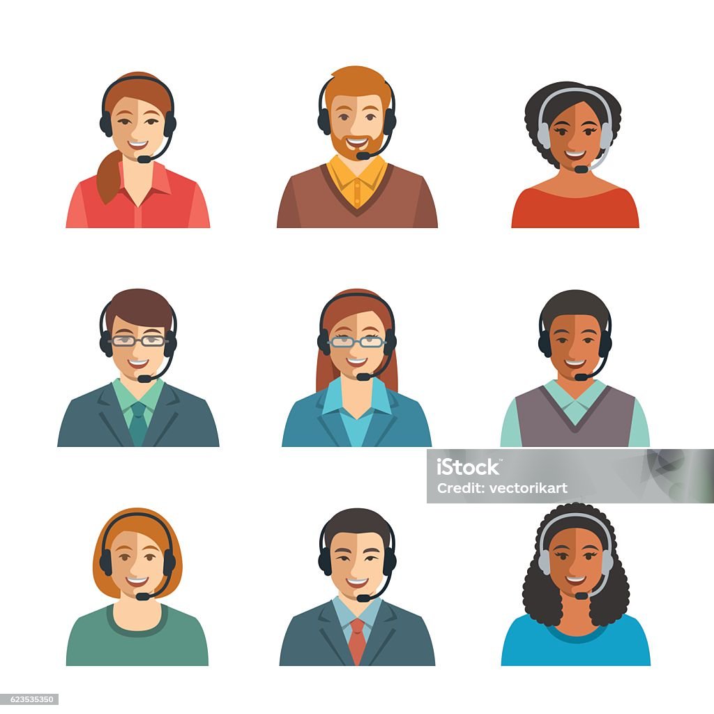 Call center agents flat avatars Call center agents flat avatars. Live chat operators, guys and girls smiling faces. Online customer support service assistants with headphones. Help desk Caucasian, African, Asian consultants Hands-free Device stock vector