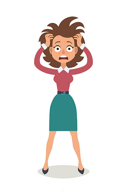 Stressed woman Vector illustration of funny brunette stressed woman with her hands on the head and wide opened mouth.  tousled stock illustrations