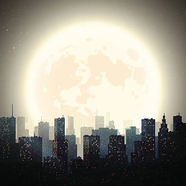 Vector illustration of City at Night with Moon