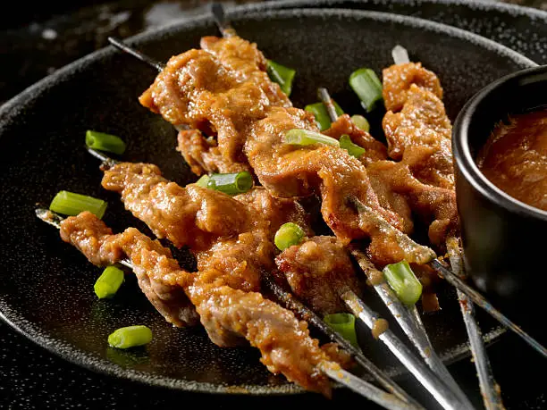 Pork (also looks like Chicken) Skewers with Peanut Sauce and Green onion-Photographed on Hasselblad H3D2-39mb Camera