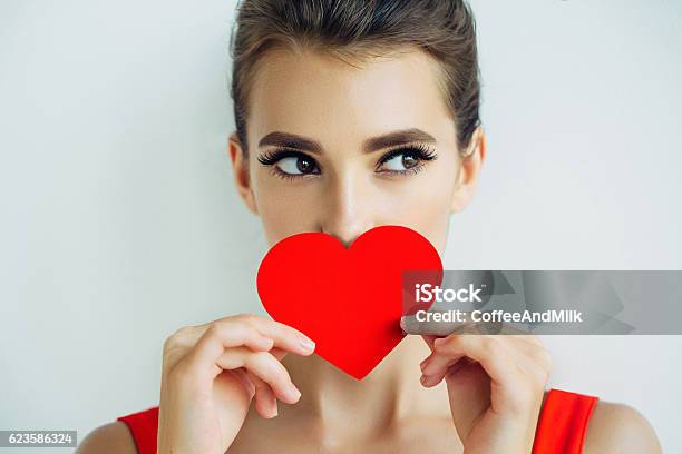 Beautiful Girl Holding Artificial Heart Stock Photo - Download Image Now - Valentine's Day - Holiday, Women, Valentine Card