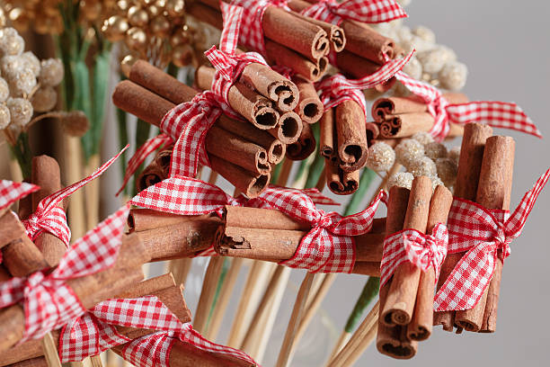 Cinnamon sticks. Traditional Christmas spices isolated on gray in air