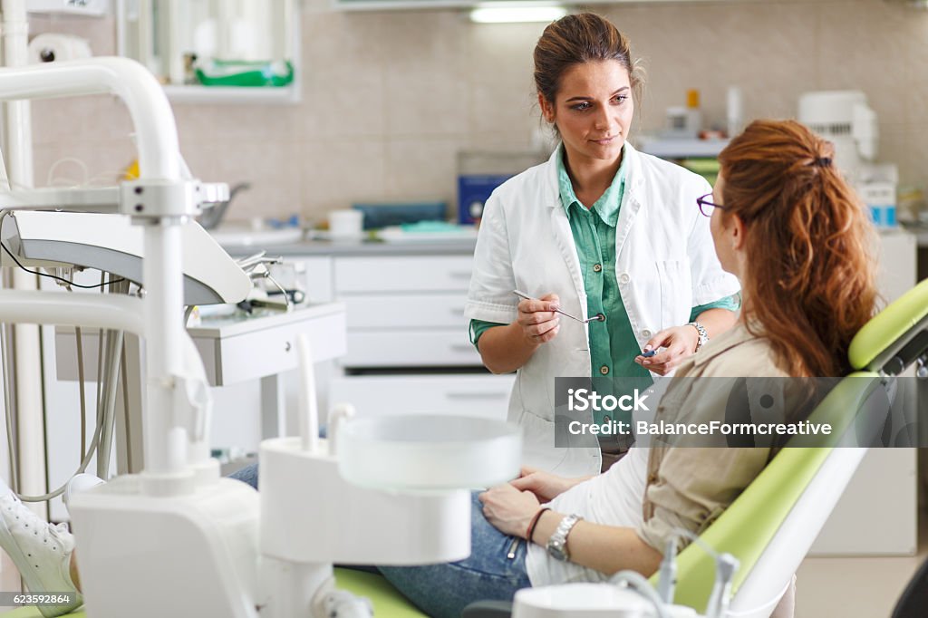 dental office Female dentist in dental office talking with female patient and preparing for treatment. Dentist Stock Photo