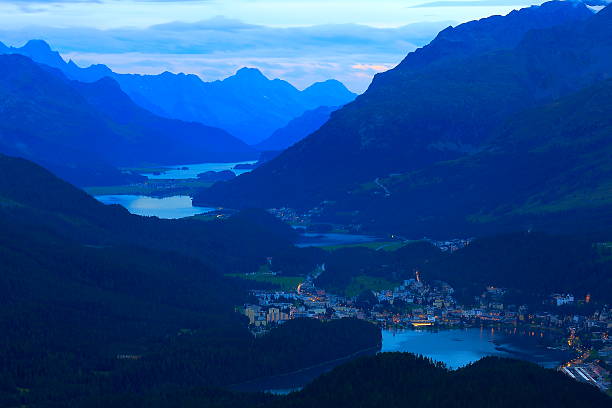 Above Engadine valley, St Moritz, Silvanaplana lakes evening, Swiss Alps Above Engadine valley, St Moritz, Silvanaplana and Maloja lakes evening, Swiss Alps samedan stock pictures, royalty-free photos & images