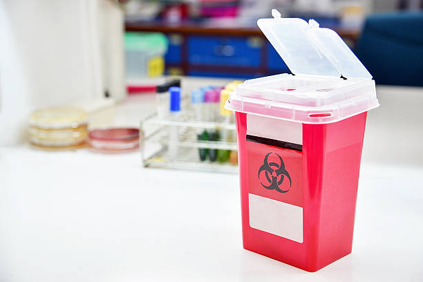Disposal container; reducing medical waste disposal. stock photo