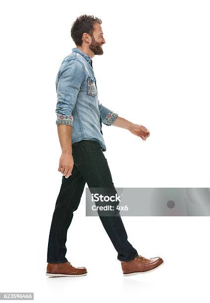 Smiling Casual Man Walking Stock Photo - Download Image Now - Walking, Men, Cut Out