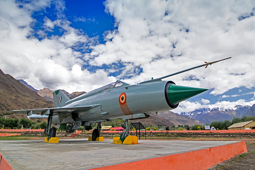Kargil, Jammu and Kashmir, India - September 1, 2016: A MIG-21 fighter plane used by India in Kargil war 1999 (Operation Vijay), between Pakistan and India, in memory of Indian victory on 01.09.2014.