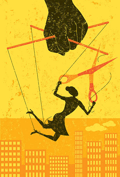 Escaping a controlling boss A businesswoman, portrayed as a puppet on a string, cuts herself away from manipulative control to gain her freedom. Marionette stock illustrations