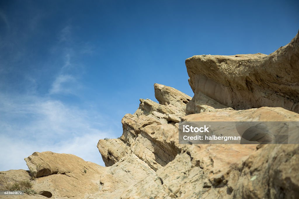 Geological Formation at Vasquez Rocks Ridged rock formations at the Vasquez Rocks in California. The rock formations were formed by rapid erosion during uplift about 25 million years ago and later exposed by activity along the San Andreas Fault. This was the location for many movie and TV shoots. Agua Dulce Stock Photo