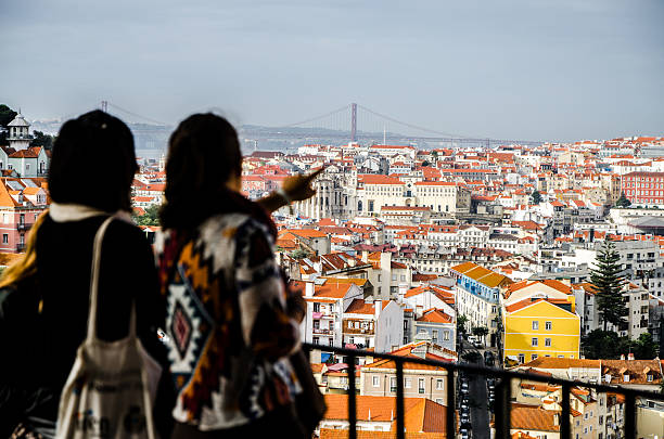 Lisbon, Portugal - October 18, 2016: Two women looking at Lisbon from Miradouro Sophia de Mello Breyner Andresen during day of autumn. One woman is pointing at the city. April 25th bridge is in background