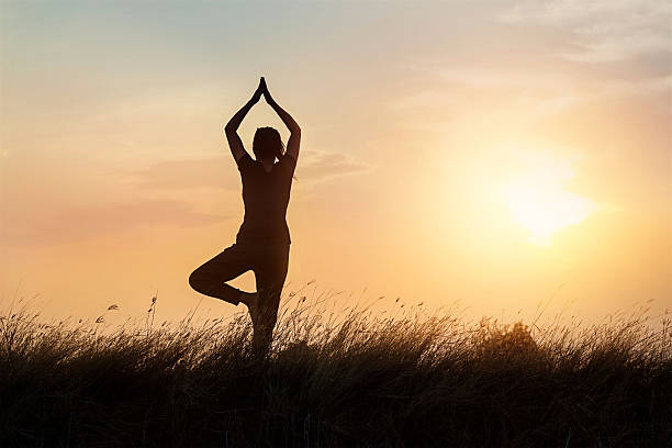istock silhouette of woman practicing yoga on sunset background 623603252