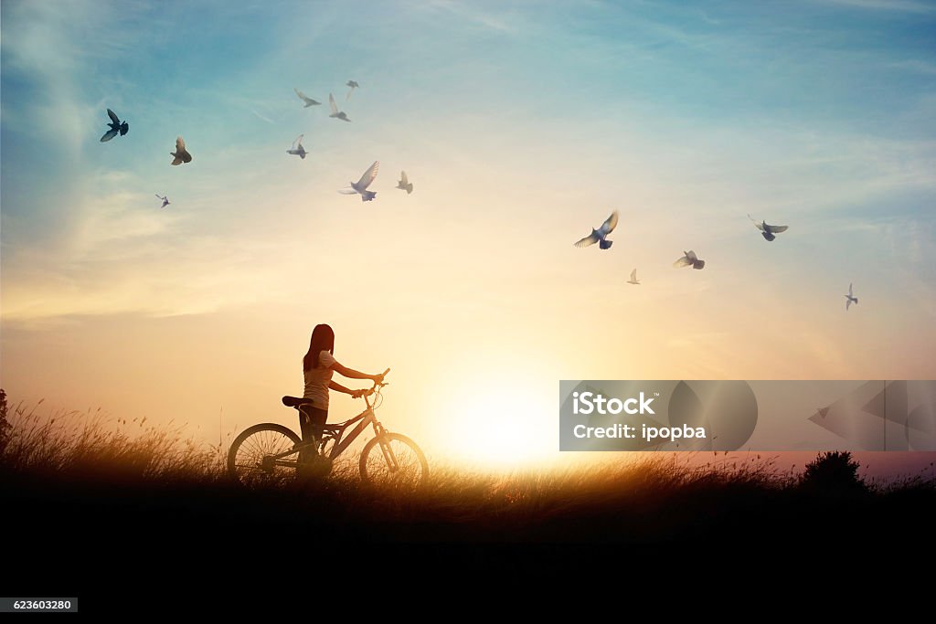 Mujer solitaria de pie con la bicicleta en el camino del campo de arroz - Foto de stock de Andar en bicicleta libre de derechos