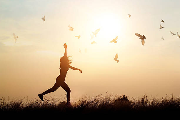Woman and flying birds enjoying life in sunset background Woman and flying birds enjoying life in nature on sunset background women flying bird freedom stock pictures, royalty-free photos & images