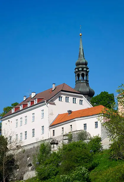 View of houses on the hill Toompea hill and St.Mary Church. Old city, Tallinn, Estonia.