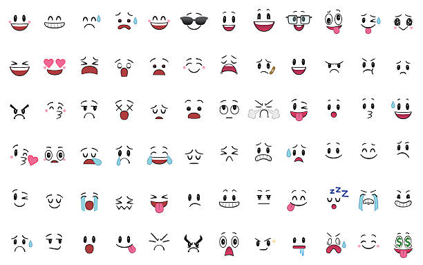 satz von 72 verschiedenen stücken von emotionen - charakterkopf stock-grafiken, -clipart, -cartoons und -symbole