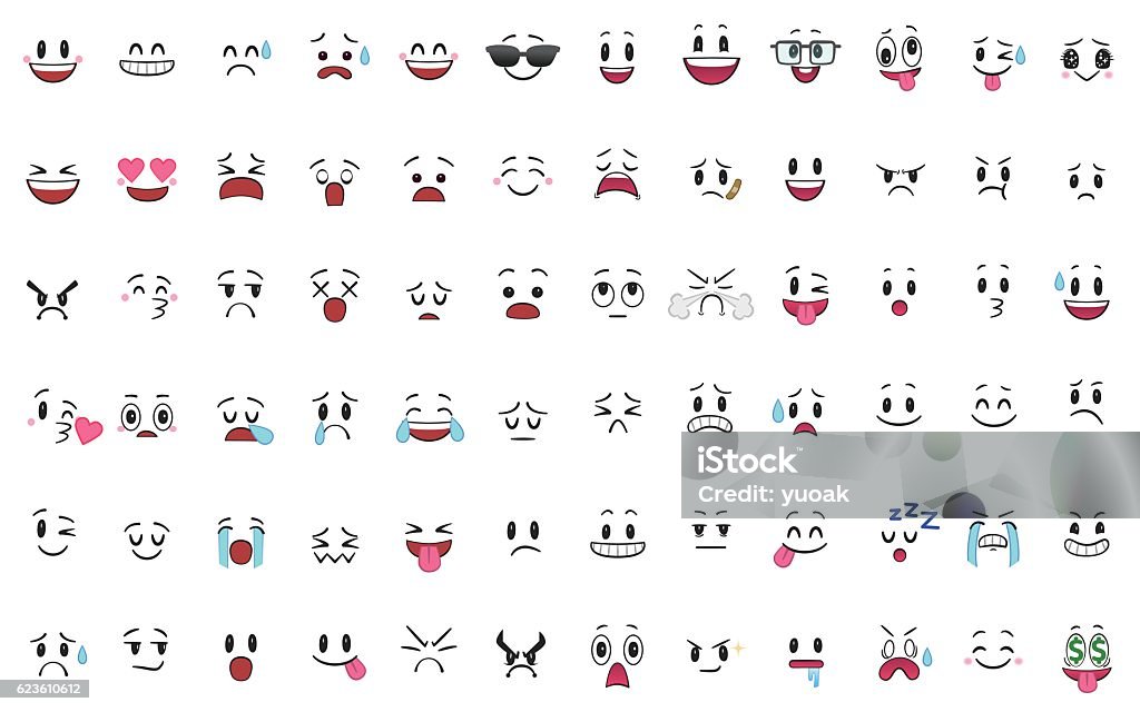 Set of 72 different pieces of emotions A set of 72 emotions. Facial Expression stock vector