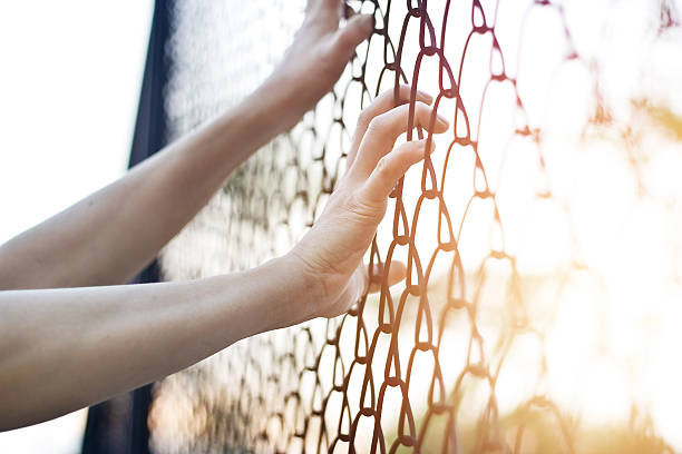 istock Woman hands touching a metal fence wire 623615428