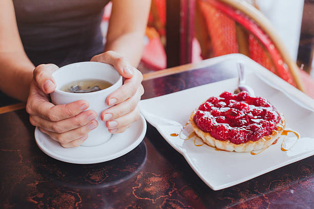 tea and sweet dessert cake in cafe