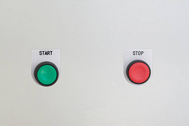 istock switches and buttons start-stop on Steel background 623620224