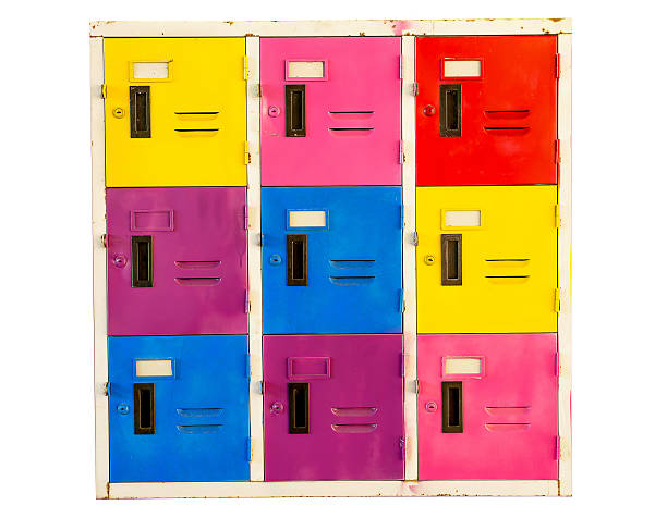 Colorful old cabinet lockers isolated on white background