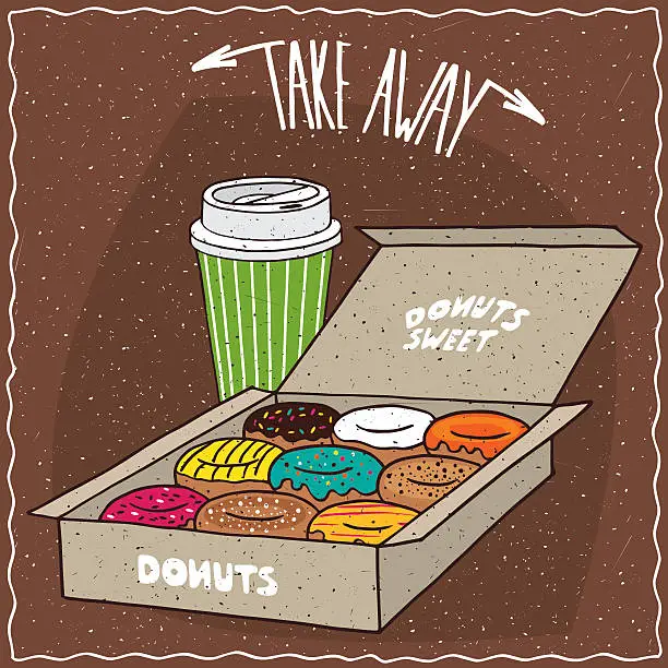 Vector illustration of Donuts in carton box and paper cup of coffee