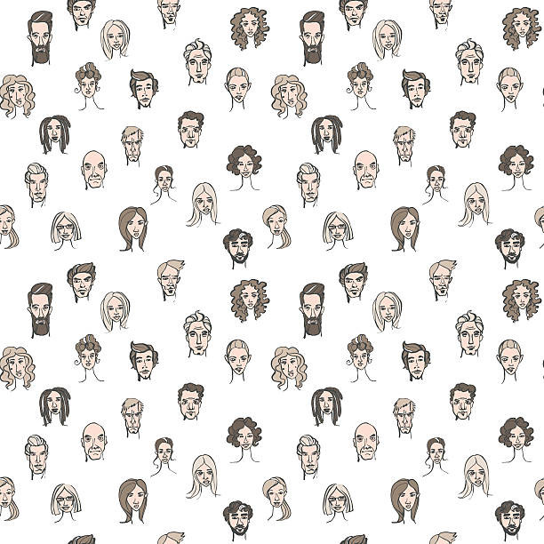 illustrations, cliparts, dessins animés et icônes de motif transparent de portraits dessinés à la main par griffonnage masculin et féminin - backgrounds black seamless textured