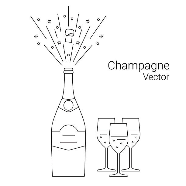 illustrazioni stock, clip art, cartoni animati e icone di tendenza di bottiglia vettoriale di esplosione di champagne e bicchieri. - champagne cork isolated single object
