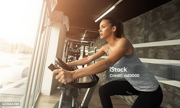 Cardio Workout In Gym Stock Photo - Download Image Now - Gym, Health Club, Cycling