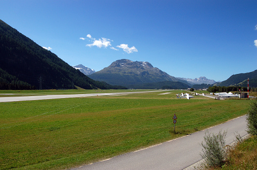 Airport in Engadine Valley near Samedan and Saint Moritz, towns in Grisons canton, Switzerland, Europe