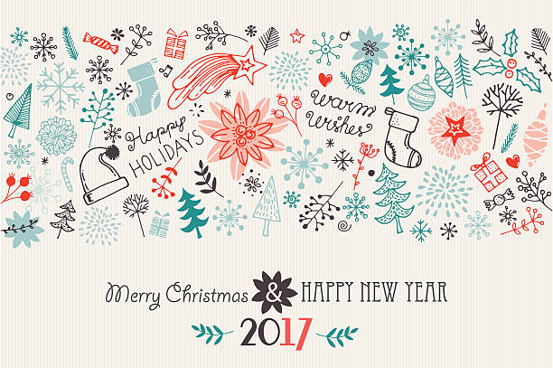 Merry Christmas And Happy New Year Greeting card with hand drawn elements. doodle stock illustrations