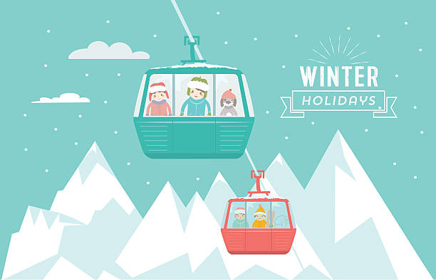 冬の山のスキーリフトで犬と子供たち - ski lift vector sign symbol点のイラスト素材／クリップアート素材／マンガ素材／アイコン素材
